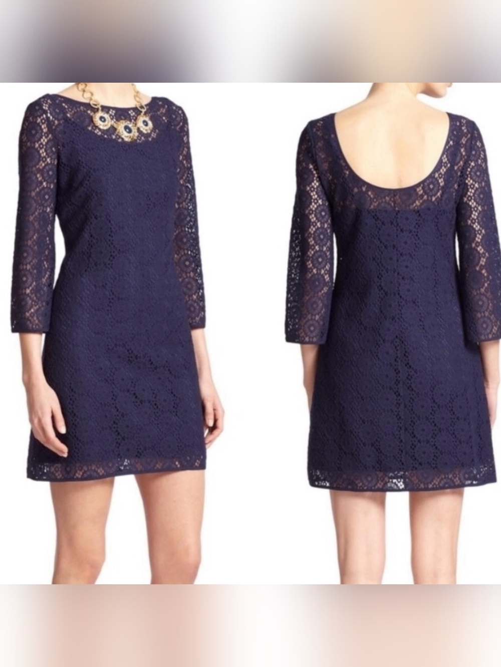 Lilly Pulitzer Topanga Navy Breakers Lace 3/4 Sleeve Dress Size Medium
